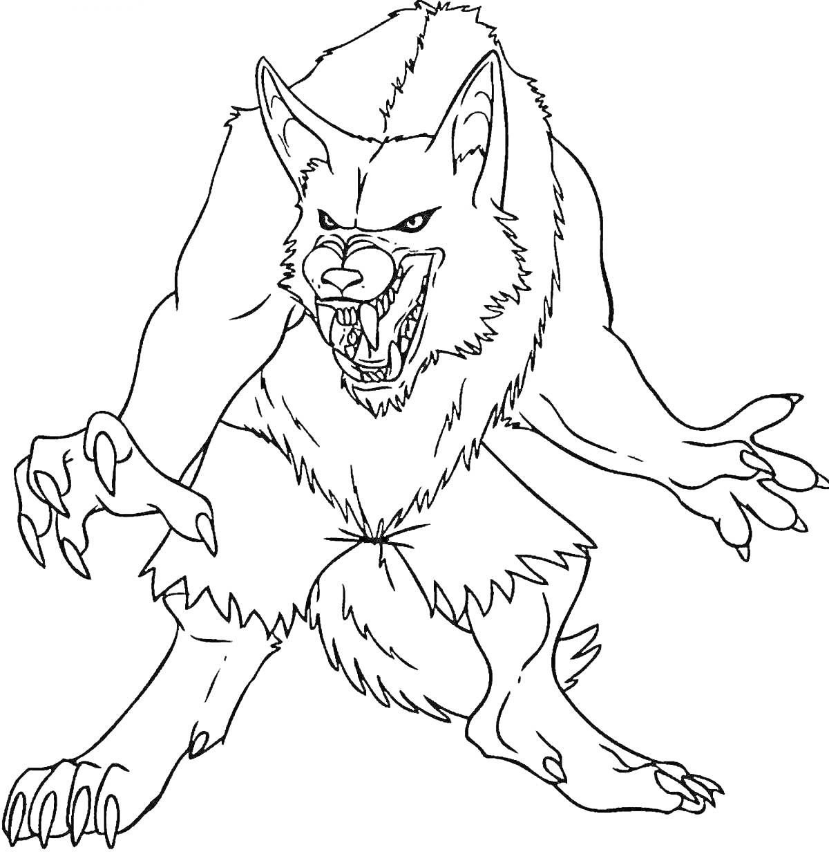 Раскраска Злой волк с оскаленными клыками и вытянутыми когтями