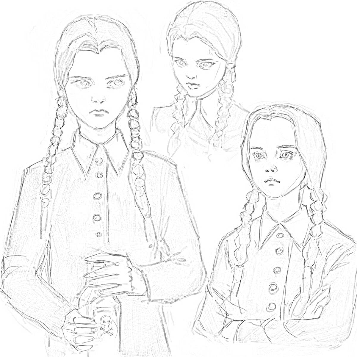 Раскраска Три портрета девочки с косичками в разных позах, строгий взгляд, черное платье с белым воротником