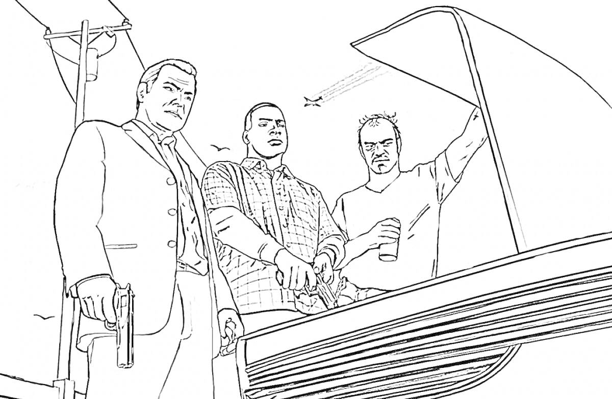 Раскраска Трое мужчин с оружием возле автомобиля, самолет в небе