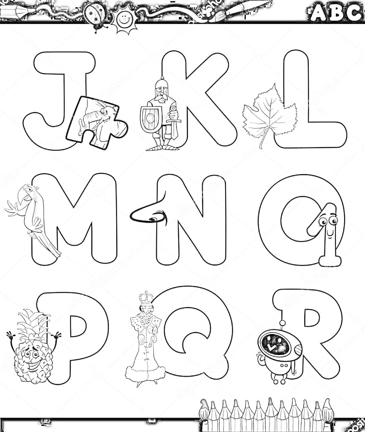 На раскраске изображено: Алфавит, Буквы, Страшные, Головоломка, Летучая мышь, Монстр, Ведьма, Робот