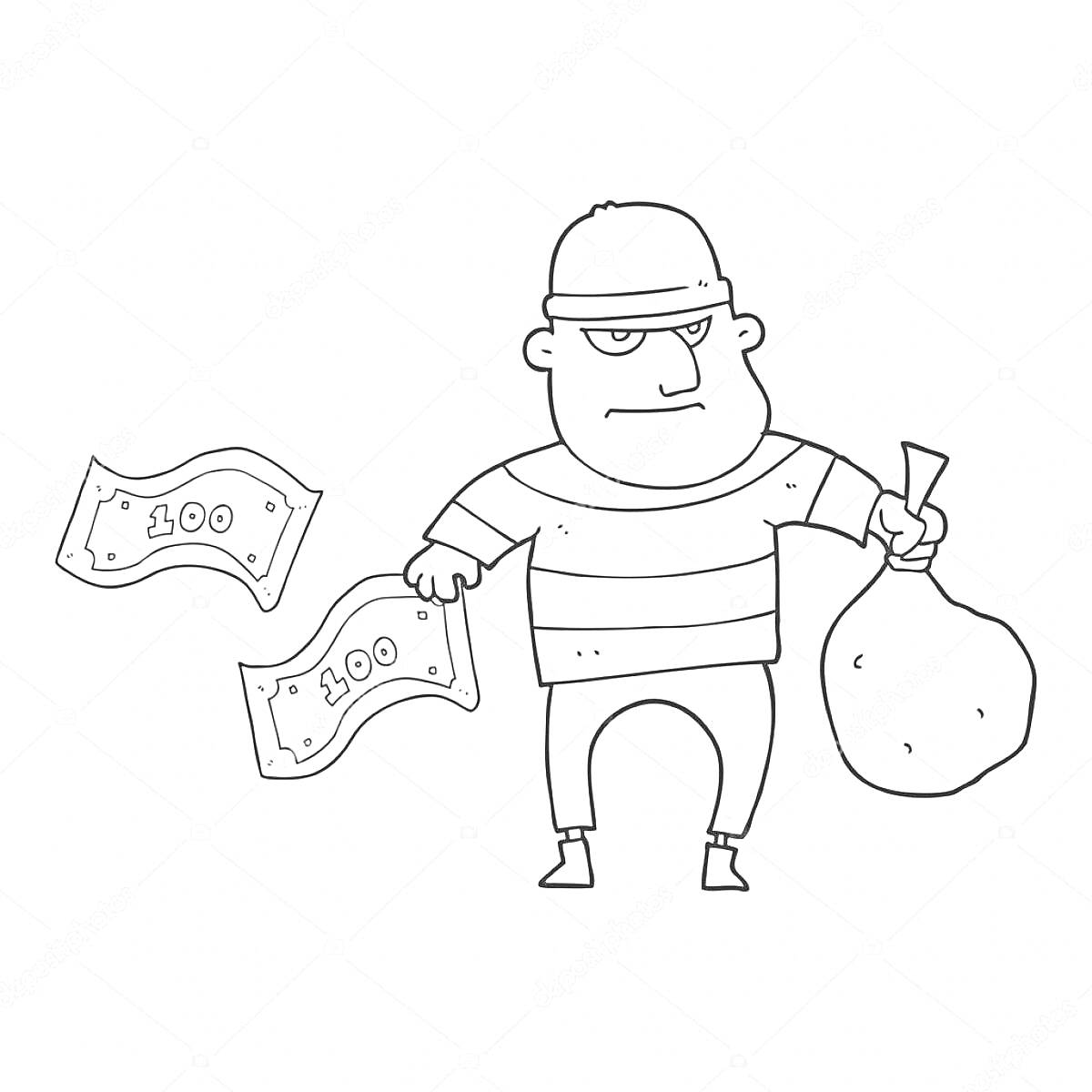 На раскраске изображено: Грабитель, Банк, Деньги, Сумка, Купюры, Преступление, Карикатура