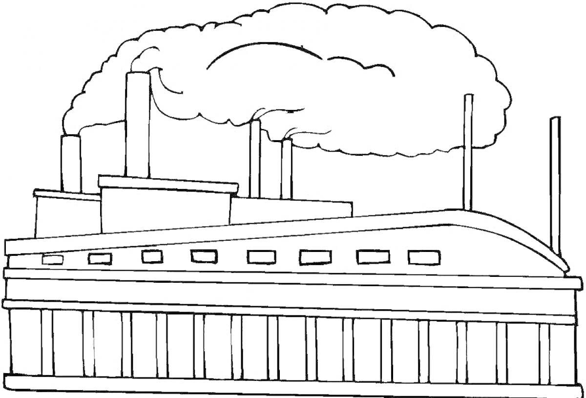 Раскраска Завод с дымящими трубами и большими окнами