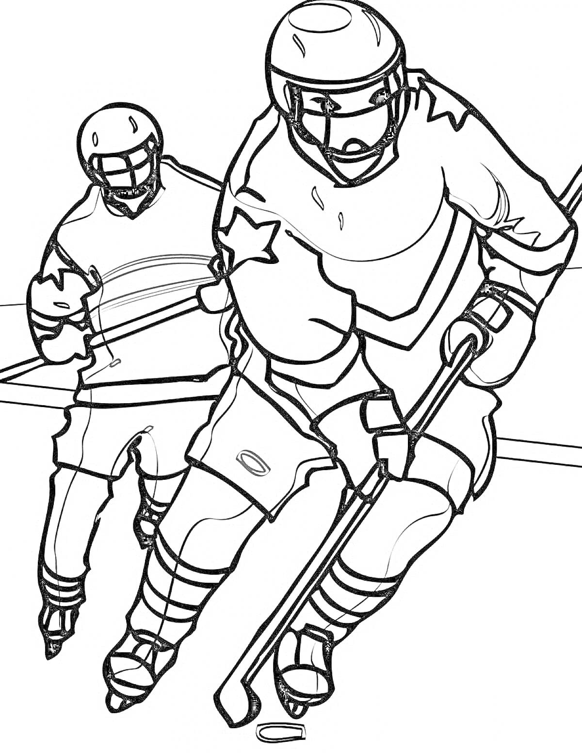 Два хоккеиста в игре, катание на коньках с клюшкой и шайбой