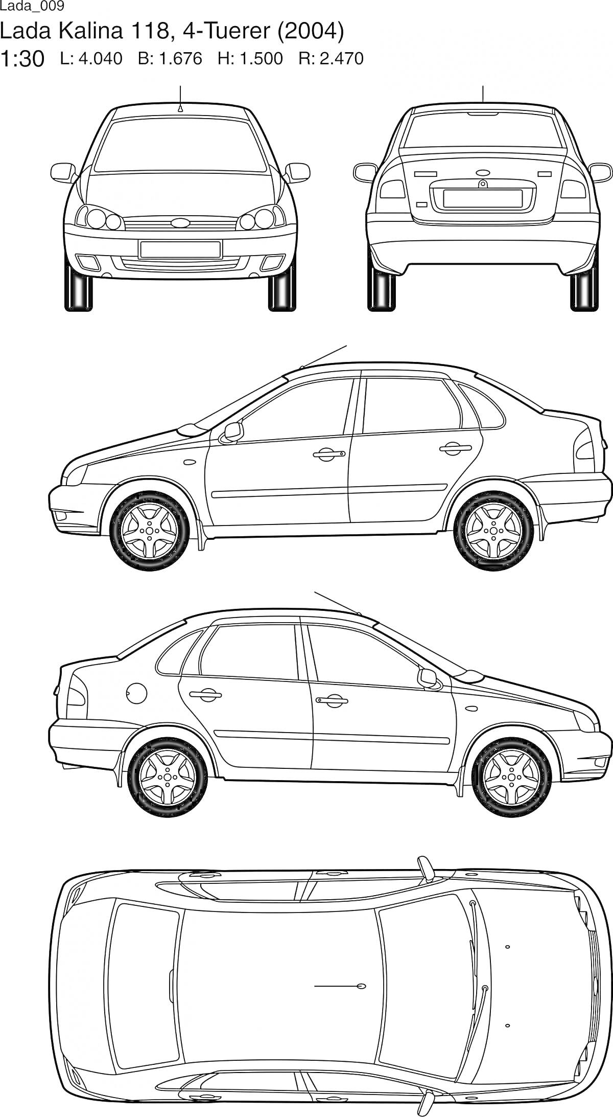 Раскраска Lada Kalina 118, вид спереди, вид сзади, боковой вид слева, боковой вид справа, вид сверху