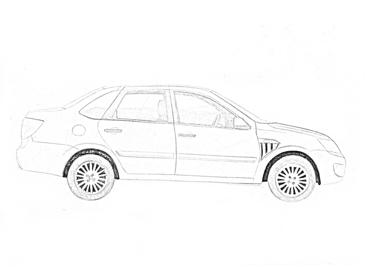 Раскраска Черно-белая раскраска автомобиля Лада Гранта, вид сбоку, четыре двери, легкосплавные диски, окна и дверные ручки