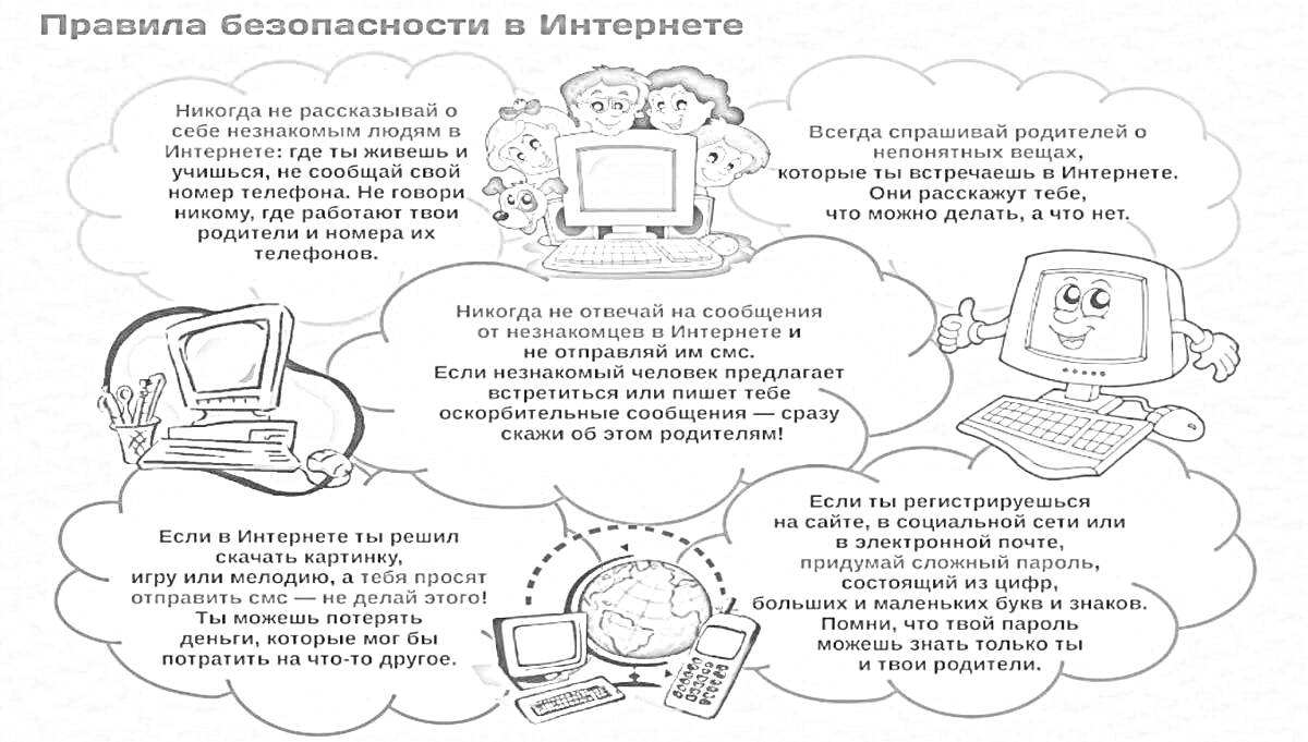 На раскраске изображено: Советы, Правила, Защита, Информация