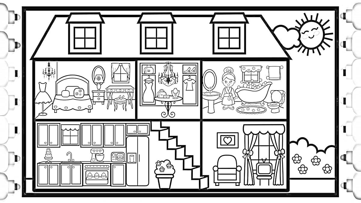 Раскраска Двухэтажный дом с мебелью и предметами интерьера: спальни, кухни, гостиной и ванной комнаты