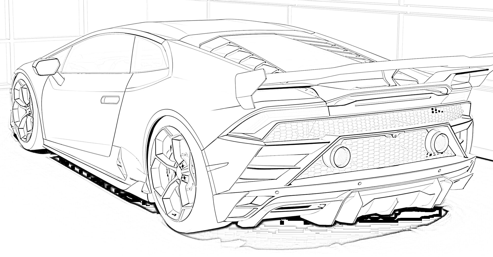 На раскраске изображено: Lamborghini, Спорткар, Суперкар, Антикрыло, Детали кузова