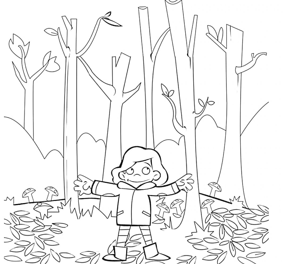 На раскраске изображено: Лес, Ребёнок, Деревья, Грибы, Листья, Осень, Природа, Разукрашка, Для детей