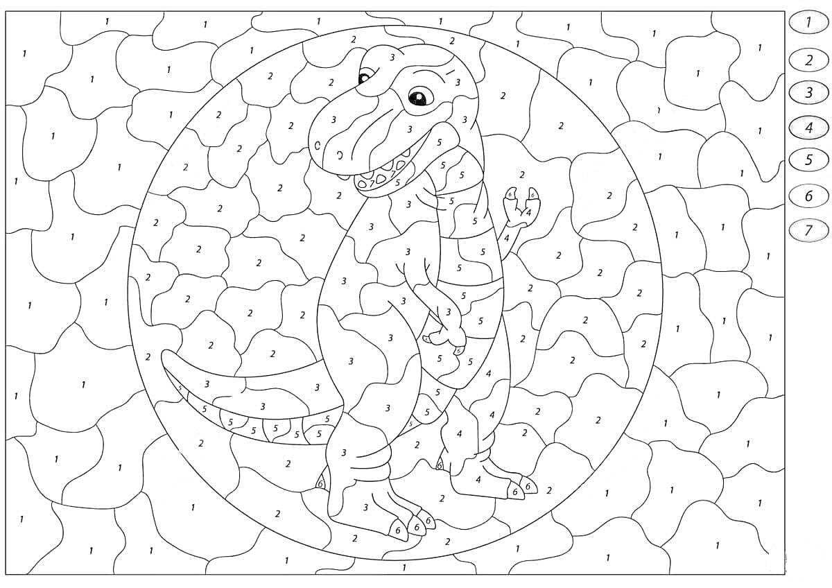 Раскраска Раскраска по номерам с динозавром в круге на фоне