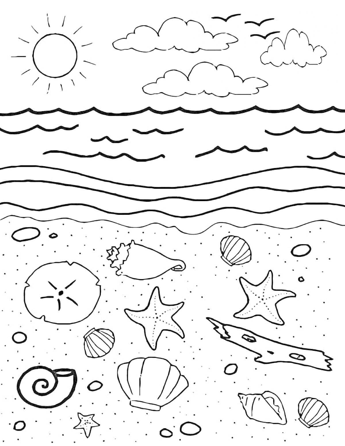 На раскраске изображено: Море, Солнце, Облака, Волны, Морские звезды, Песок