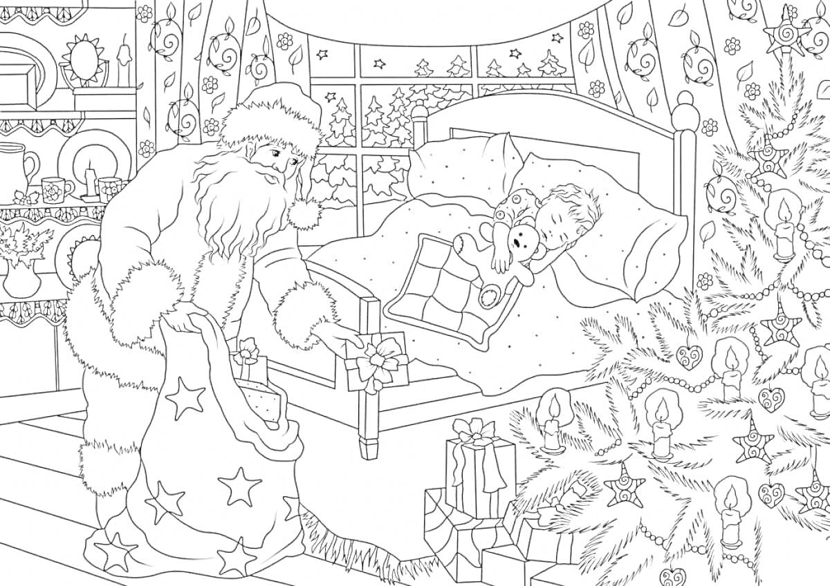 Раскраска Санта Клаус кладет подарки под елку в спальне, ребенок спит с игрушкой