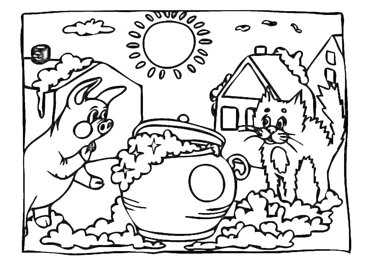 На раскраске изображено: Каша, Солнце, Дом, Облака, Деревья, Горшки