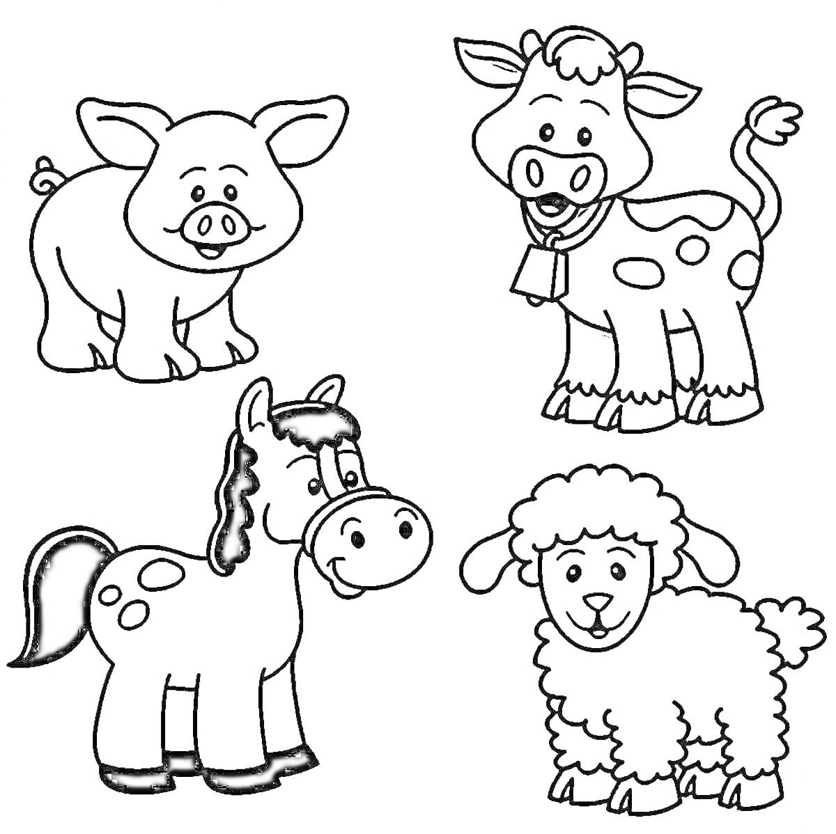 На раскраске изображено: Корова, Колокольчик, Лошадь, Пятна, Кудрявая шерсть, Ферма, Животные, Овечки, Свиньи