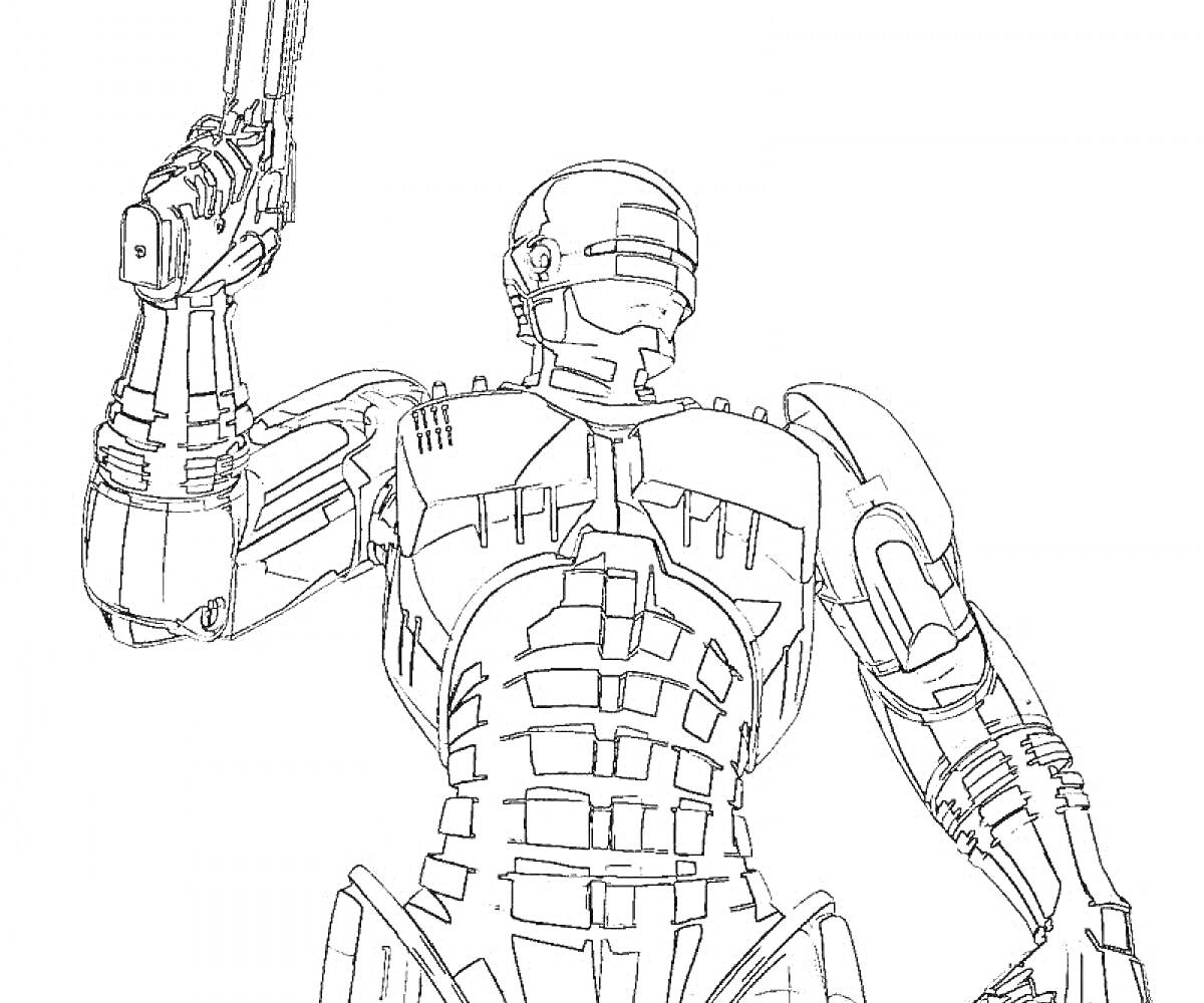 На раскраске изображено: Робокоп, Робот, Киборг, Оружие, Пистолет, Научная фантастика