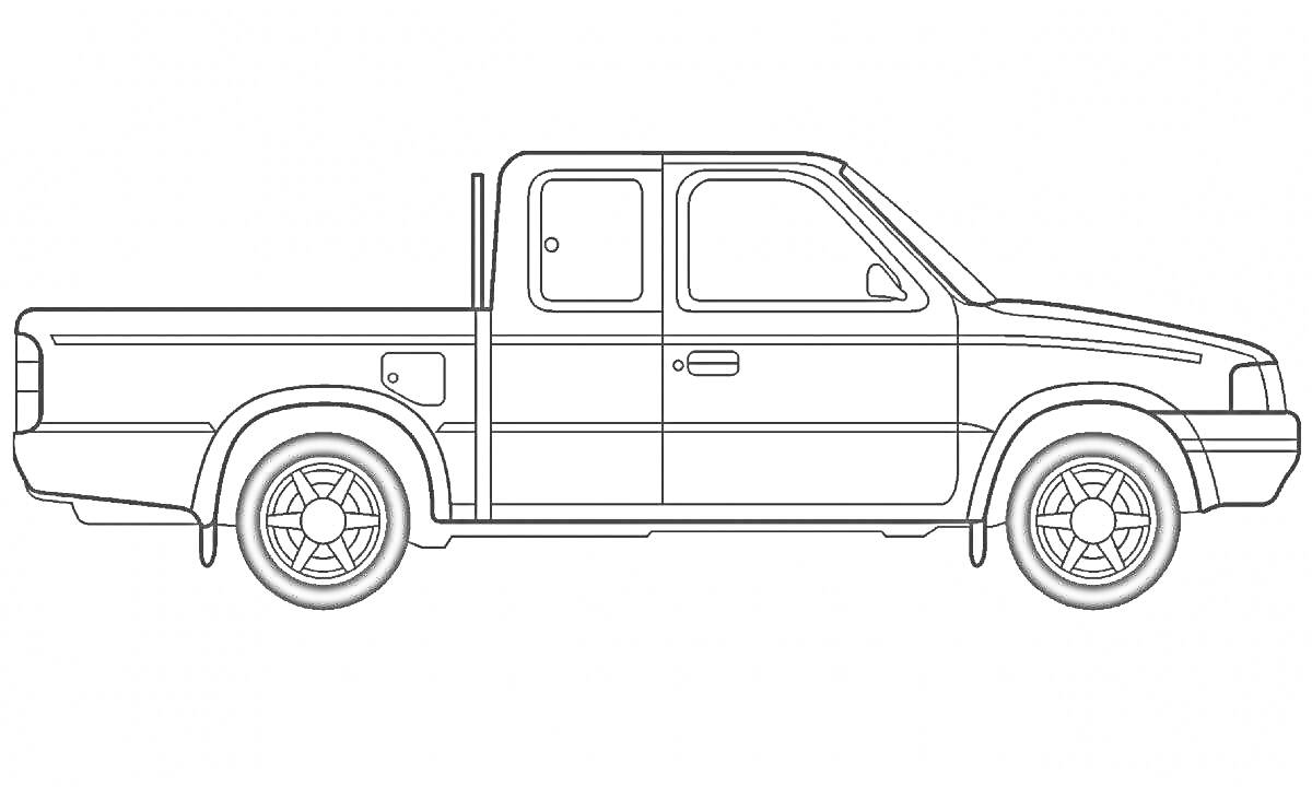 Раскраска Раскраска пикапа Ford Raptor с четырьмя колесами, двумя дверями, топливным люком и элементами кузова