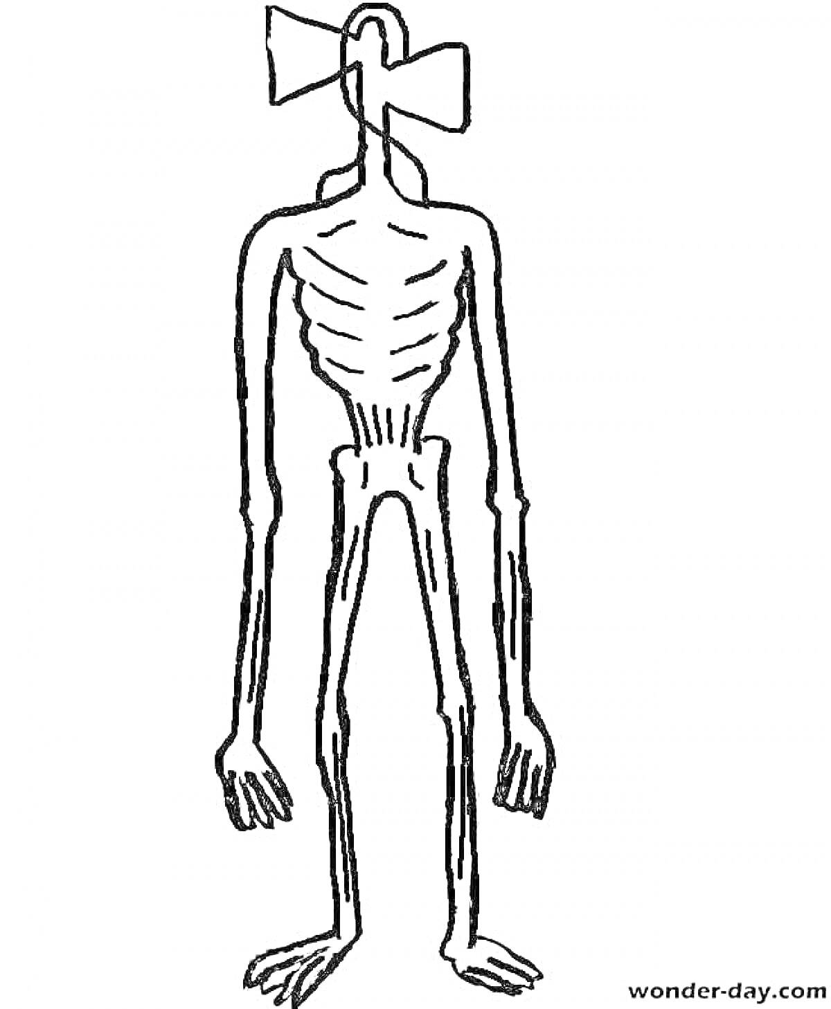 На раскраске изображено: Сиреноголовый, Длинные руки, Длинные ноги, Ребра, Скелет, Хоррор