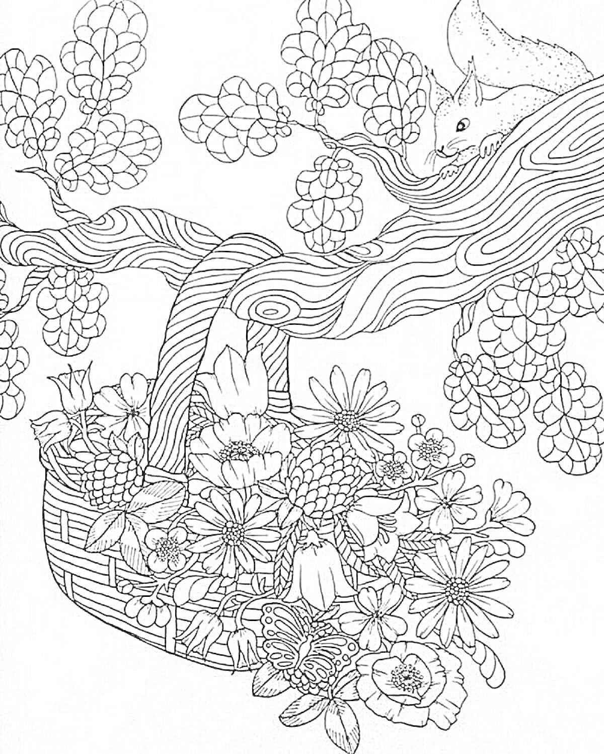 Раскраска Корзина с цветами на ветке дерева с белкой