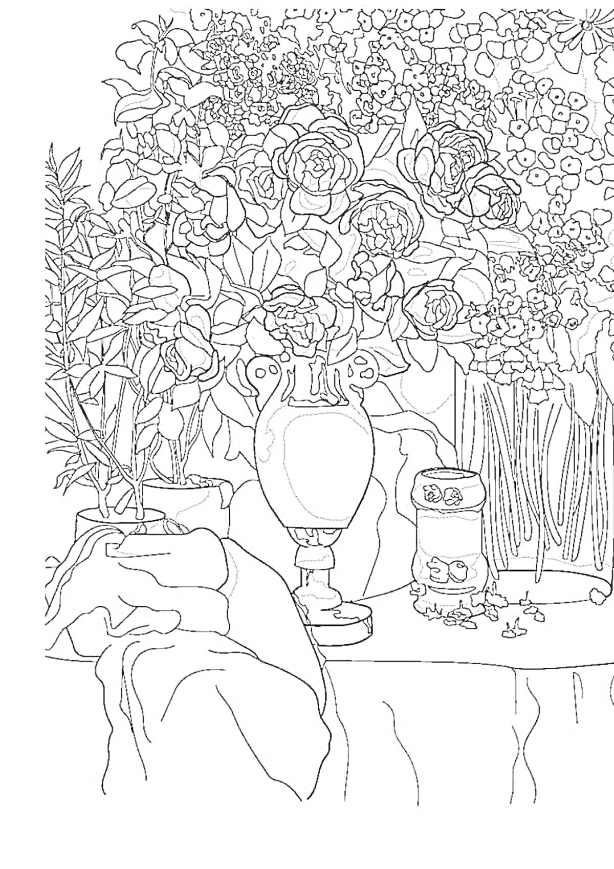 На раскраске изображено: Цветы, Натюрморт, Ткань, Розы, Ботаника, Флора, Арт, Творчество