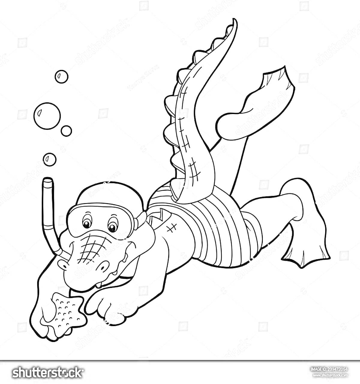 На раскраске изображено: Аквалангист, Крокодил, Трубка, Плавники, Подводный мир, Плавание