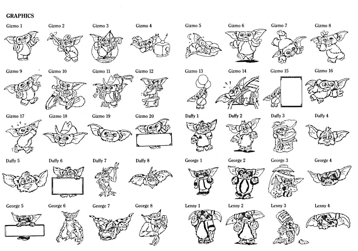 гремлины в различных позах и действиях, включая милых существ с большими ушами, в полете, танцующих, играющих на музыкальных инструментах, с предметами, в шляпах, с боксерскими перчатками, плавающих, сидящих, запутанных проводов, фотографирующихся, читающ