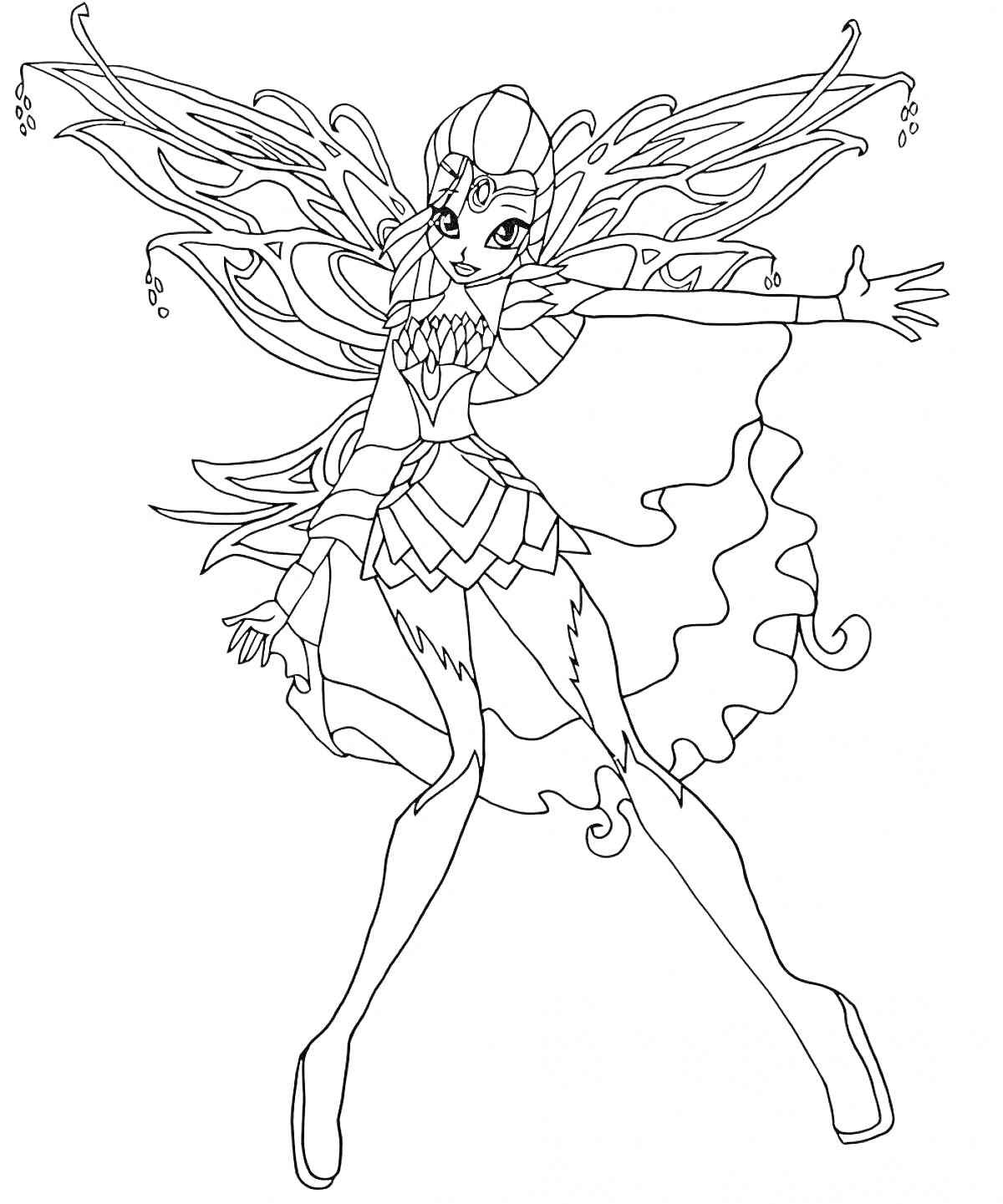 Раскраска Фея Винкс в стиле Блумикс с большими крыльями и раскрытыми руками
