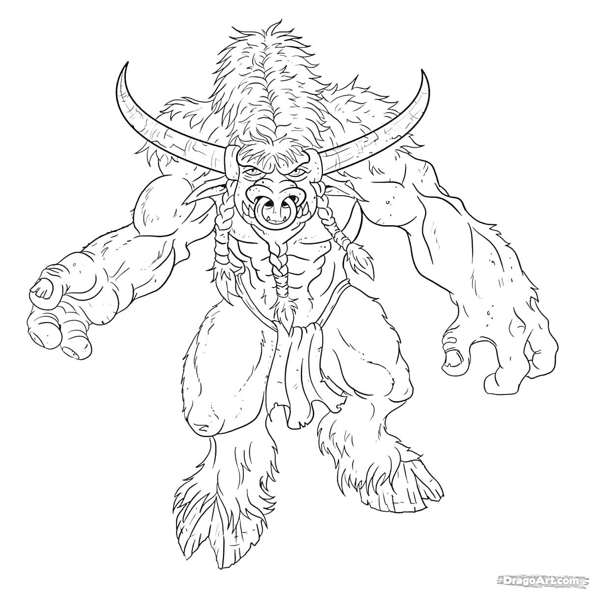 Раскраска Фантастическое существо с рогами, мышцами и мехом, в боевой позе