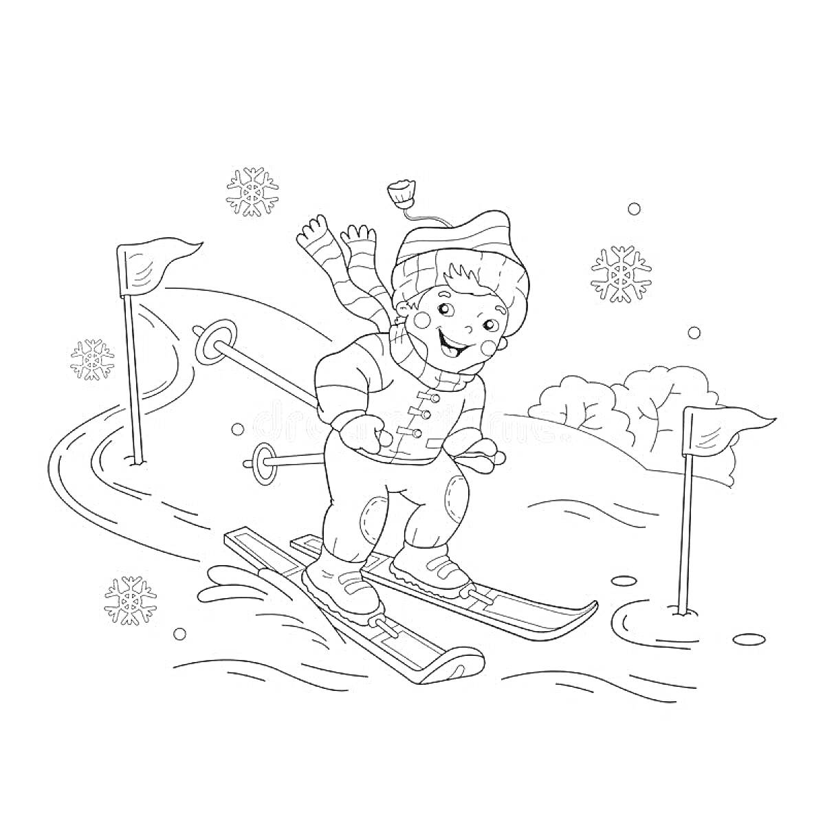 На раскраске изображено: Мальчик, Лыжи, Зима, Снег, Катание, Флагшток, Спорт, Веселье