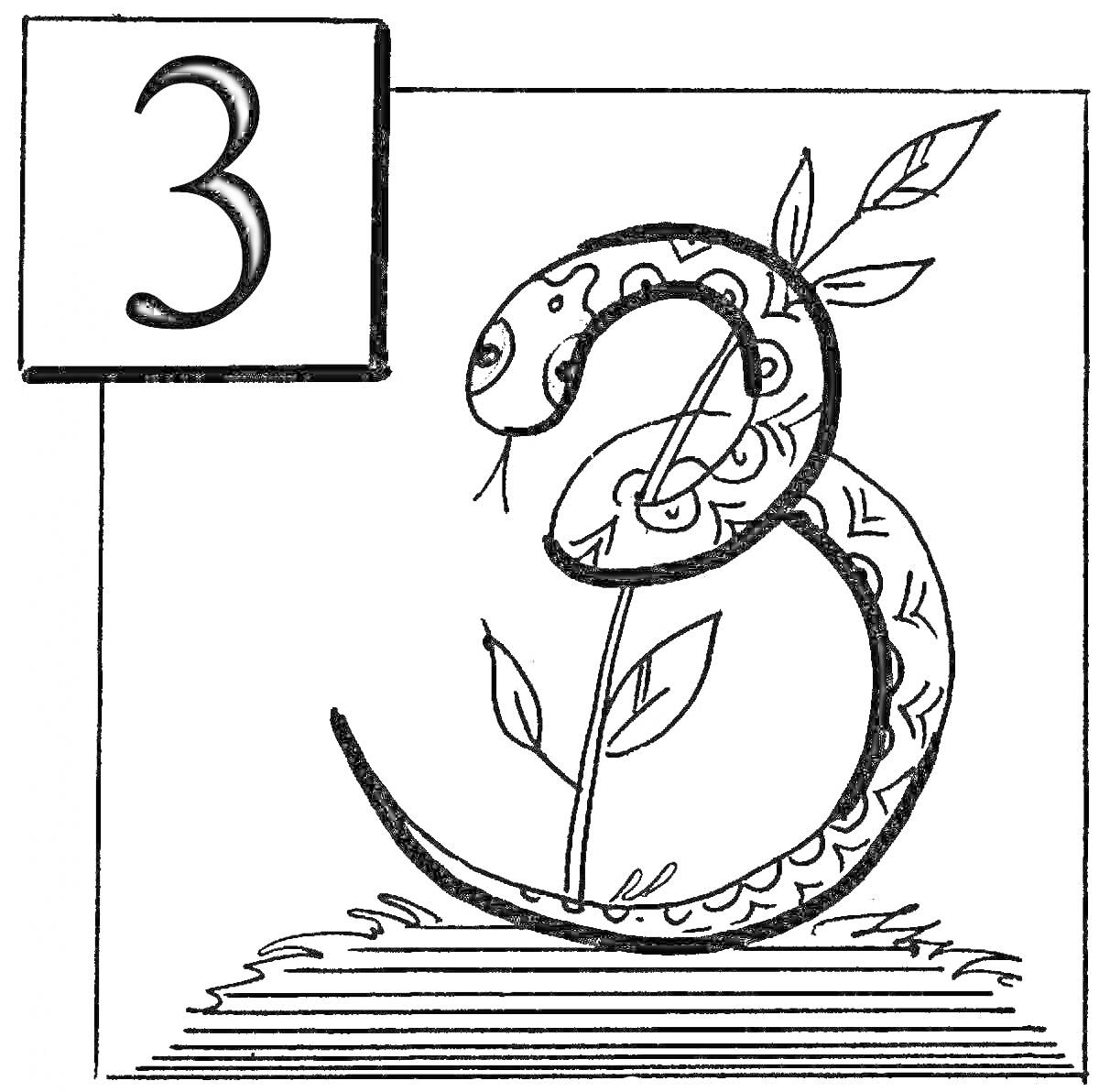 Раскраска Число 3 с рисунком растения и змеей