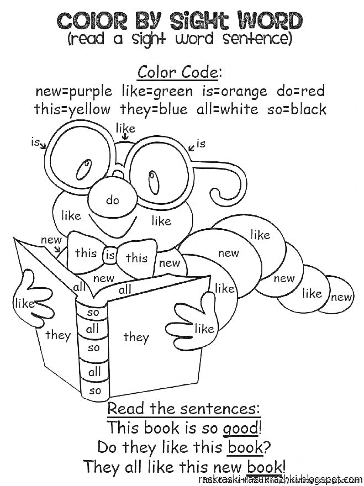 Раскраска Гусеница с книгой, слова для чтения: new, like, is, do, they, this, so