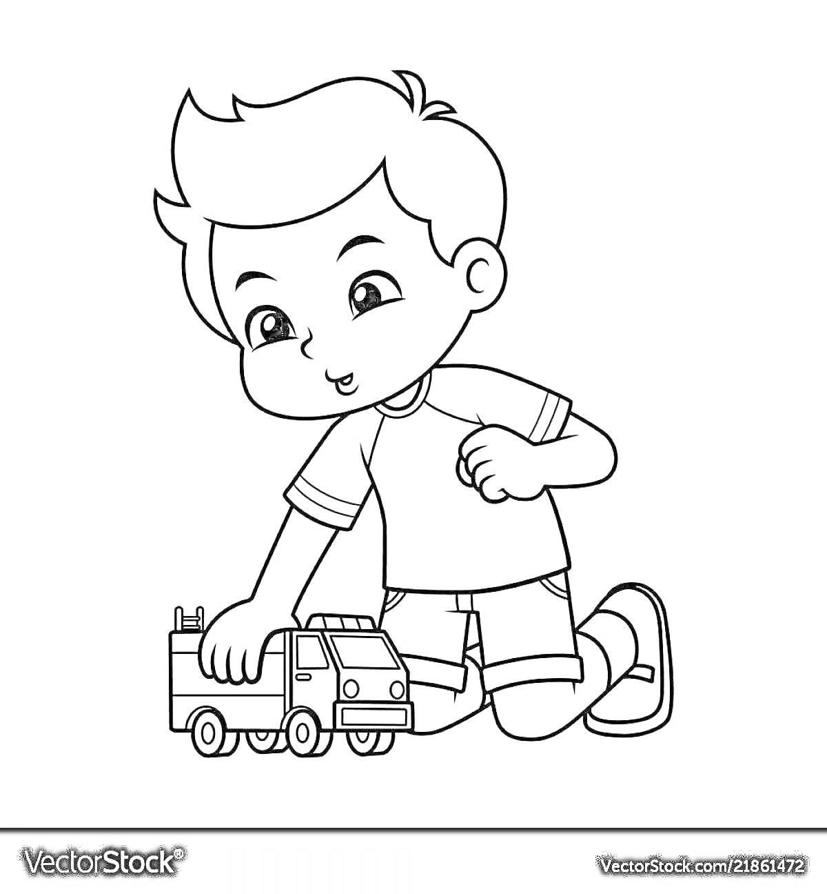 Раскраска мальчик играет с грузовиком, на коленях, короткие волосы, футболка с короткими рукавами, шорты, кроссовки