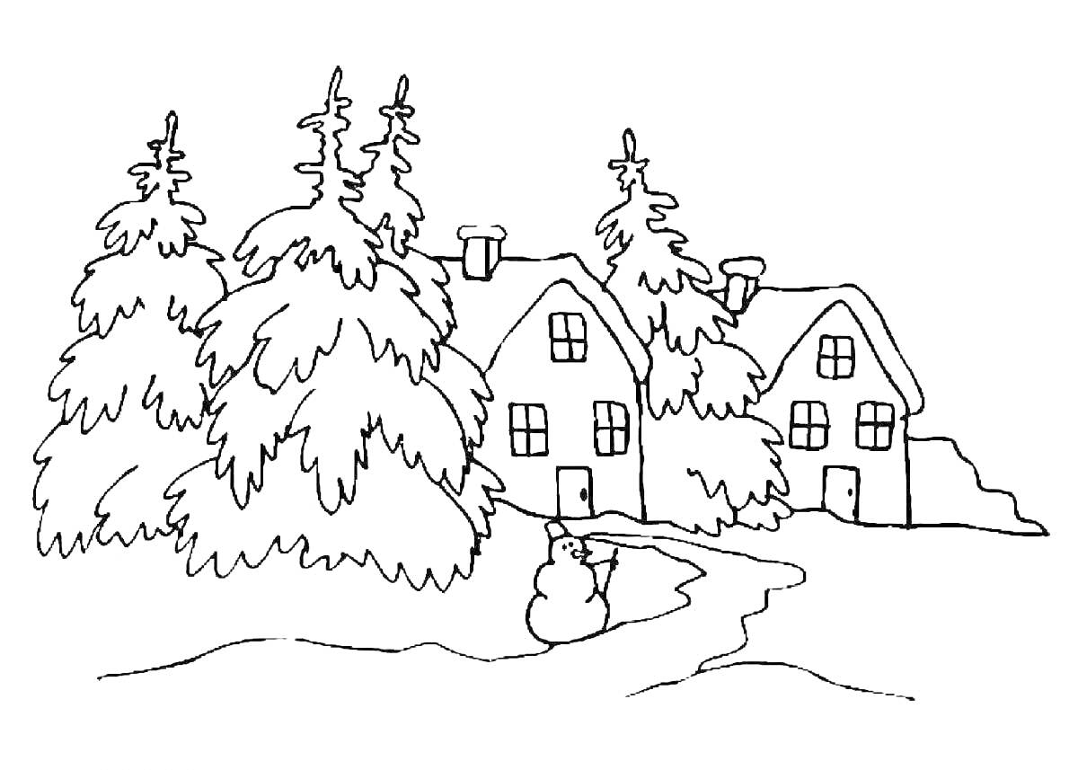 На раскраске изображено: Зима, Деревня, Дом, Снег, Крыша, Дымоход, Природа, Пейзаж