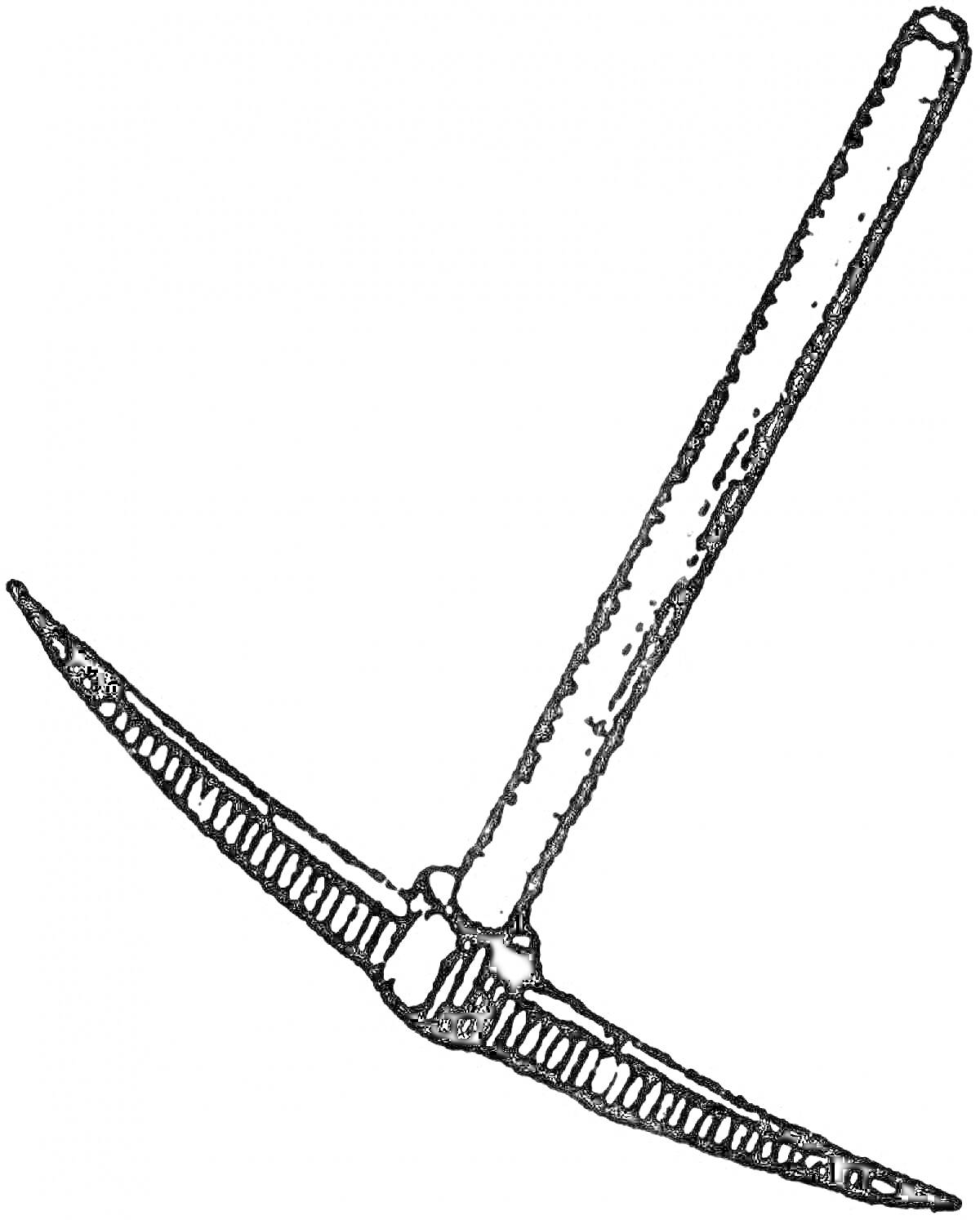 Кирка с длинной деревянной ручкой и металлическим двусторонним наконечником