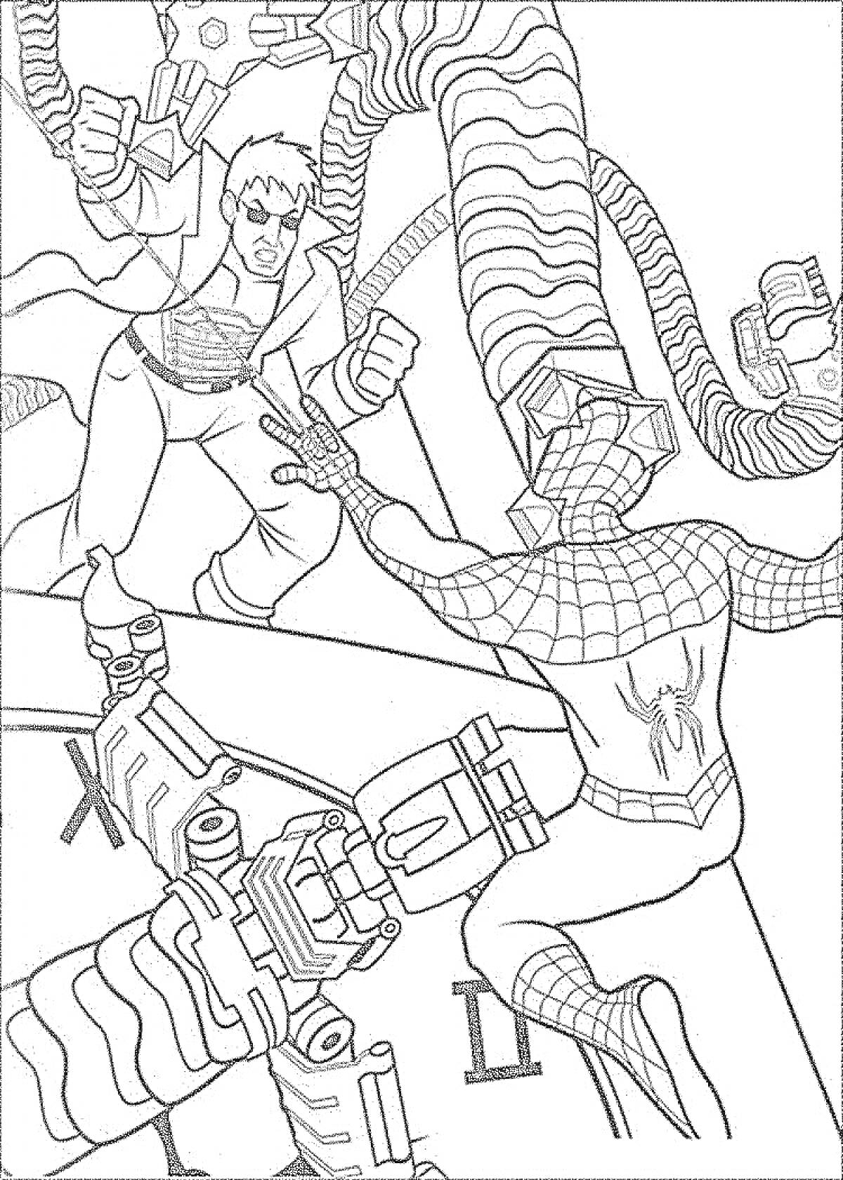 Раскраска Доктор Осьминог с механическими щупальцами сражается с человеком-пауком на фоне техники