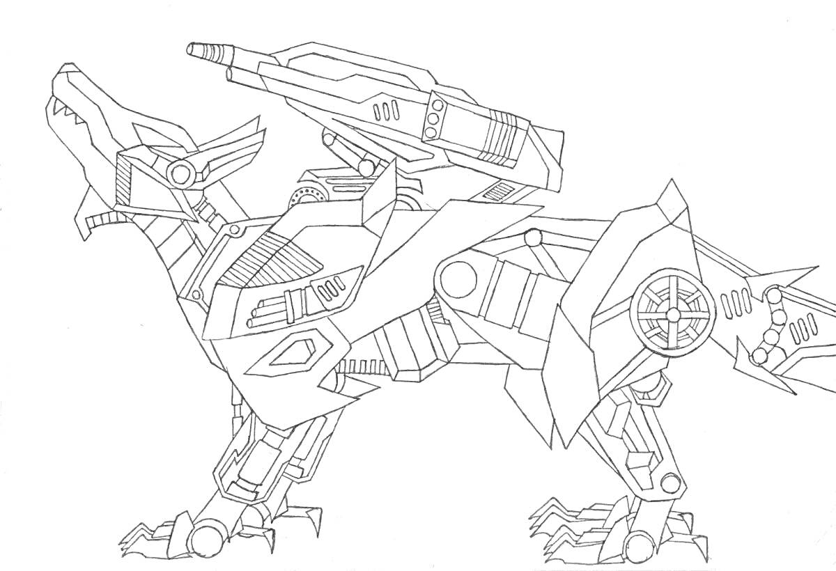 Раскраска Робот в форме динозавра, вооруженный пушками и механизмами