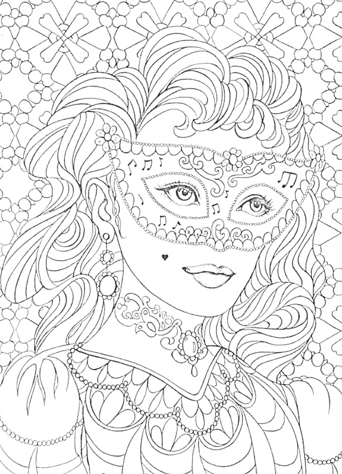 Раскраска Девушка в маске с музыкальными нотами, пышными волосами и богатыми украшениями на фоне узоров