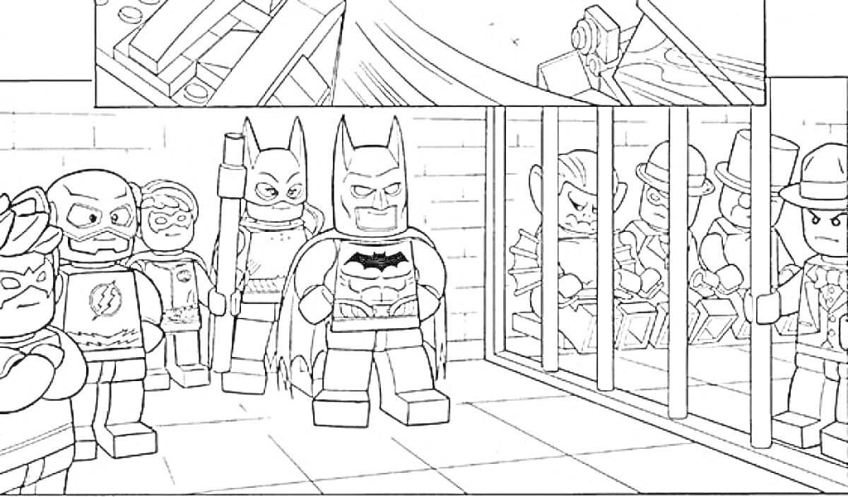 На раскраске изображено: Лего, Супергерои, Тюрьма, Бэтмен, Флэш, Росомаха, Газеты, Комиксы