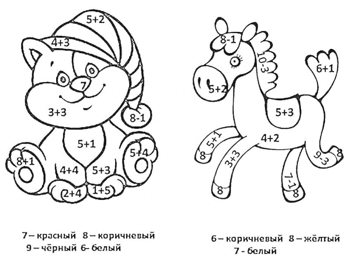 Раскраска Кот в шапке и лошадка с математическими примерами