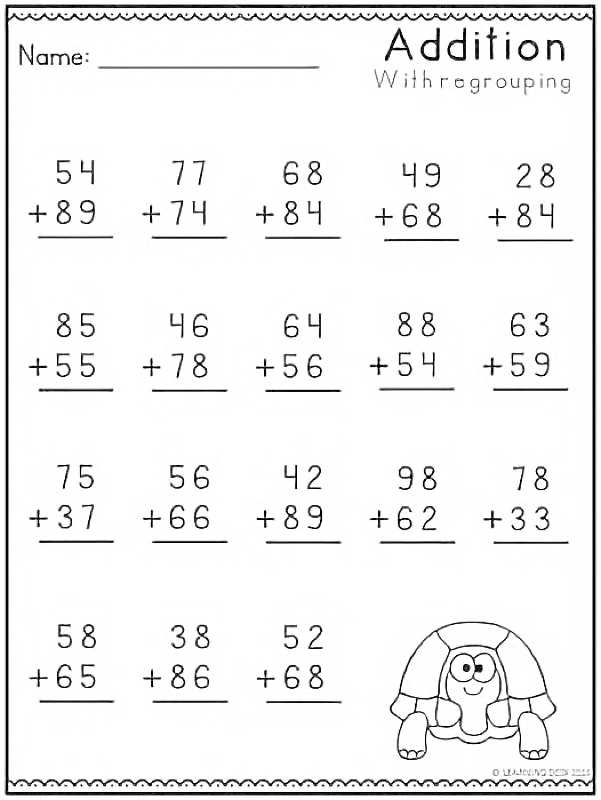 Раскраска Рабочий лист по математике: сложение с переходом через десяток для 2 класса с изображением черепахи