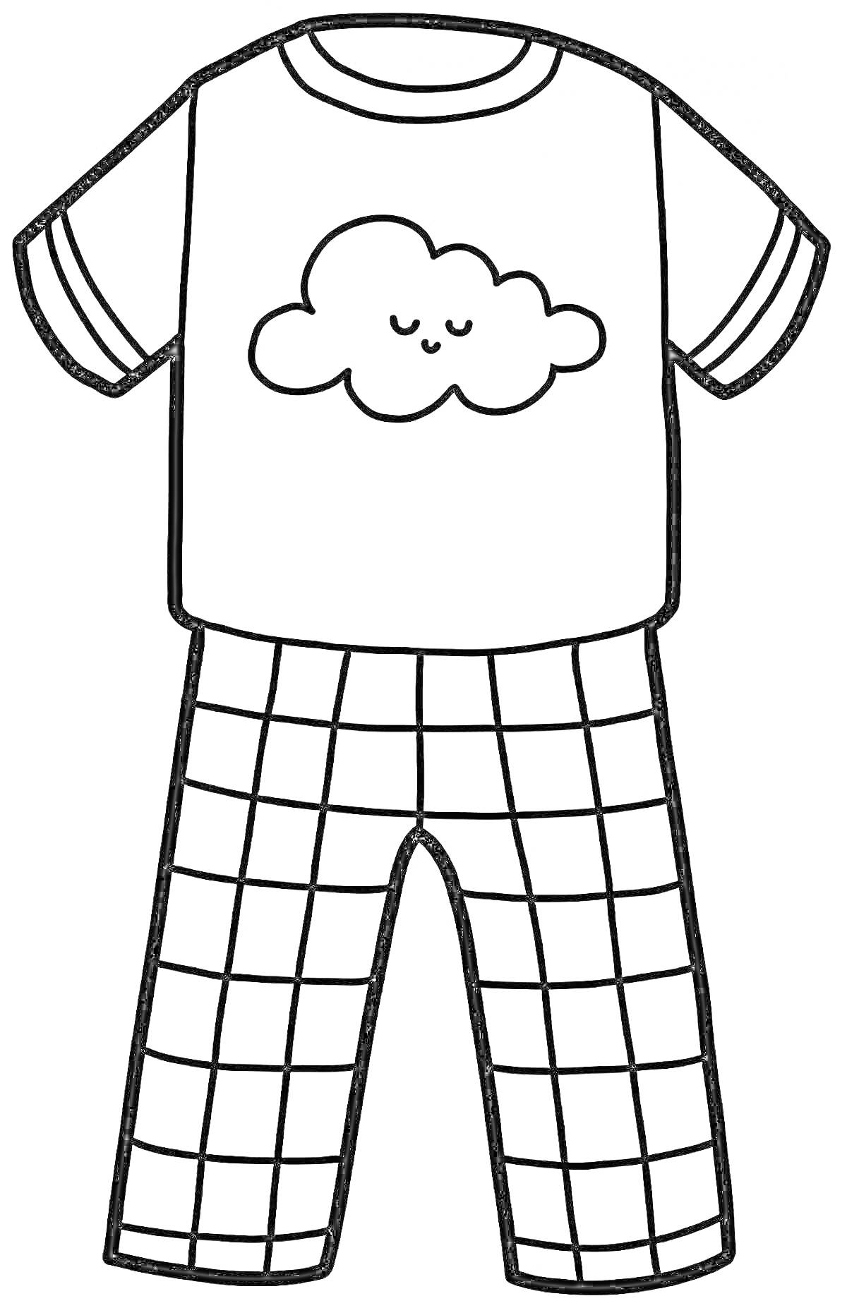 Раскраска Пижама с футболкой с облаком и клетчатыми штанами