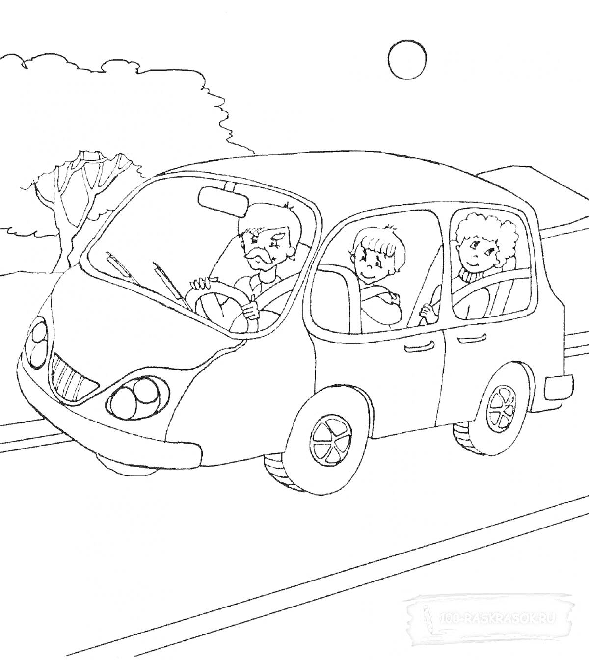 На раскраске изображено: Семья, Деревья, Солнце