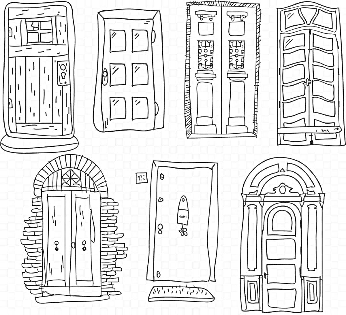 Раскраска Старинные двери разных стилей с элементами каменной кладки, колоннами, арочными проемами, и различными декоративными элементами