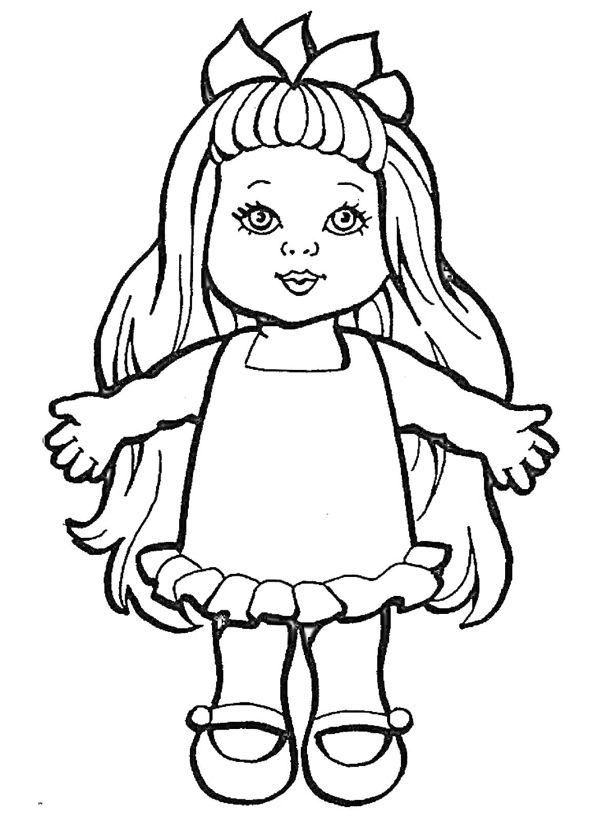 Раскраска Кукла с длинными волосами, в платье с рюшами и бантом на голове