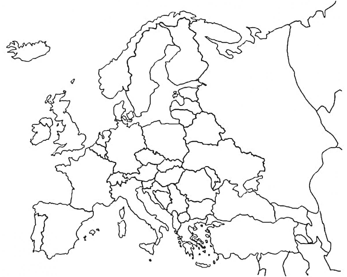 Раскраска Контурная карта Европы с границами стран