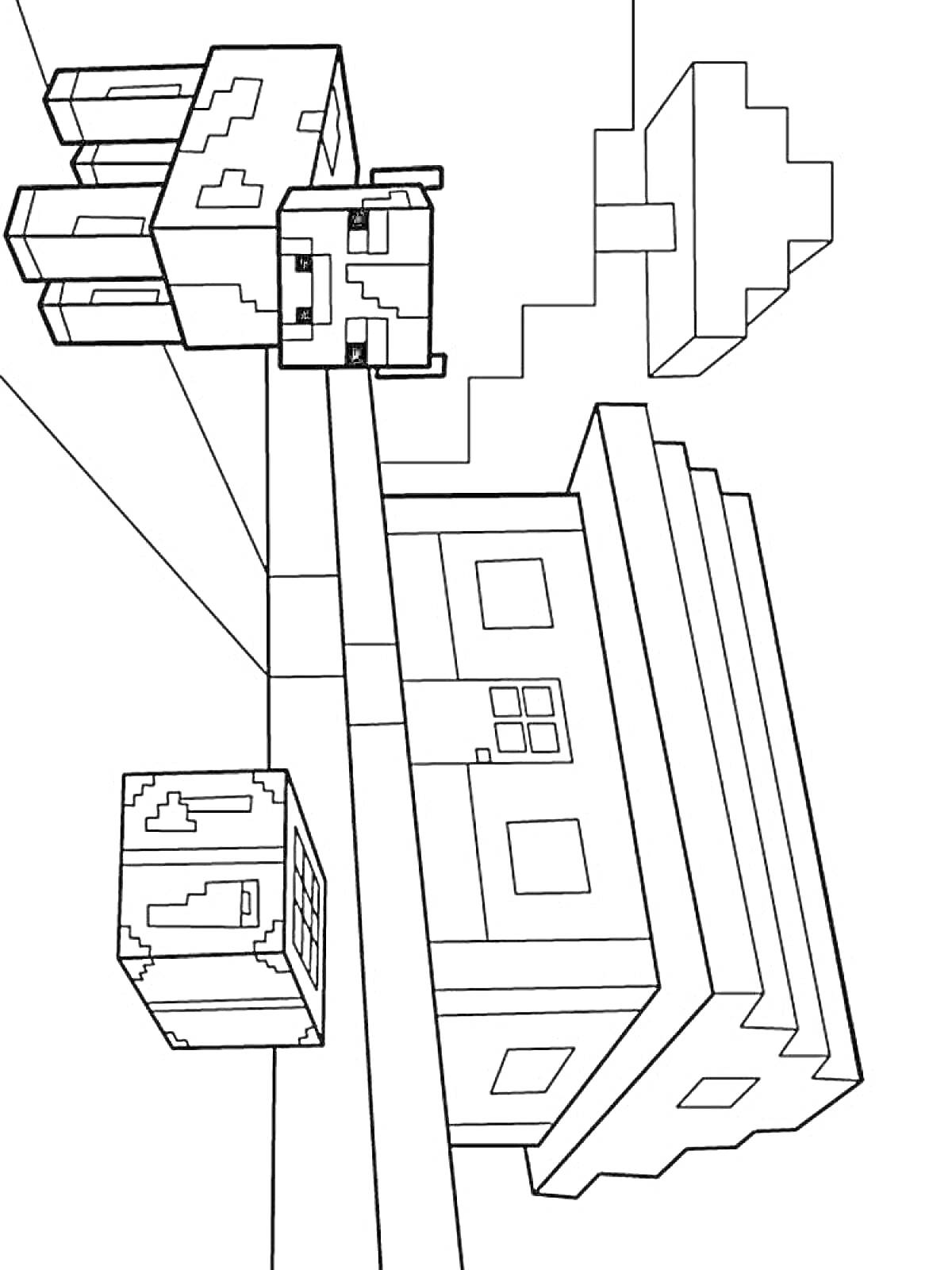 Раскраска Компот в мире Майнкрафт с домом, деревом и овцой