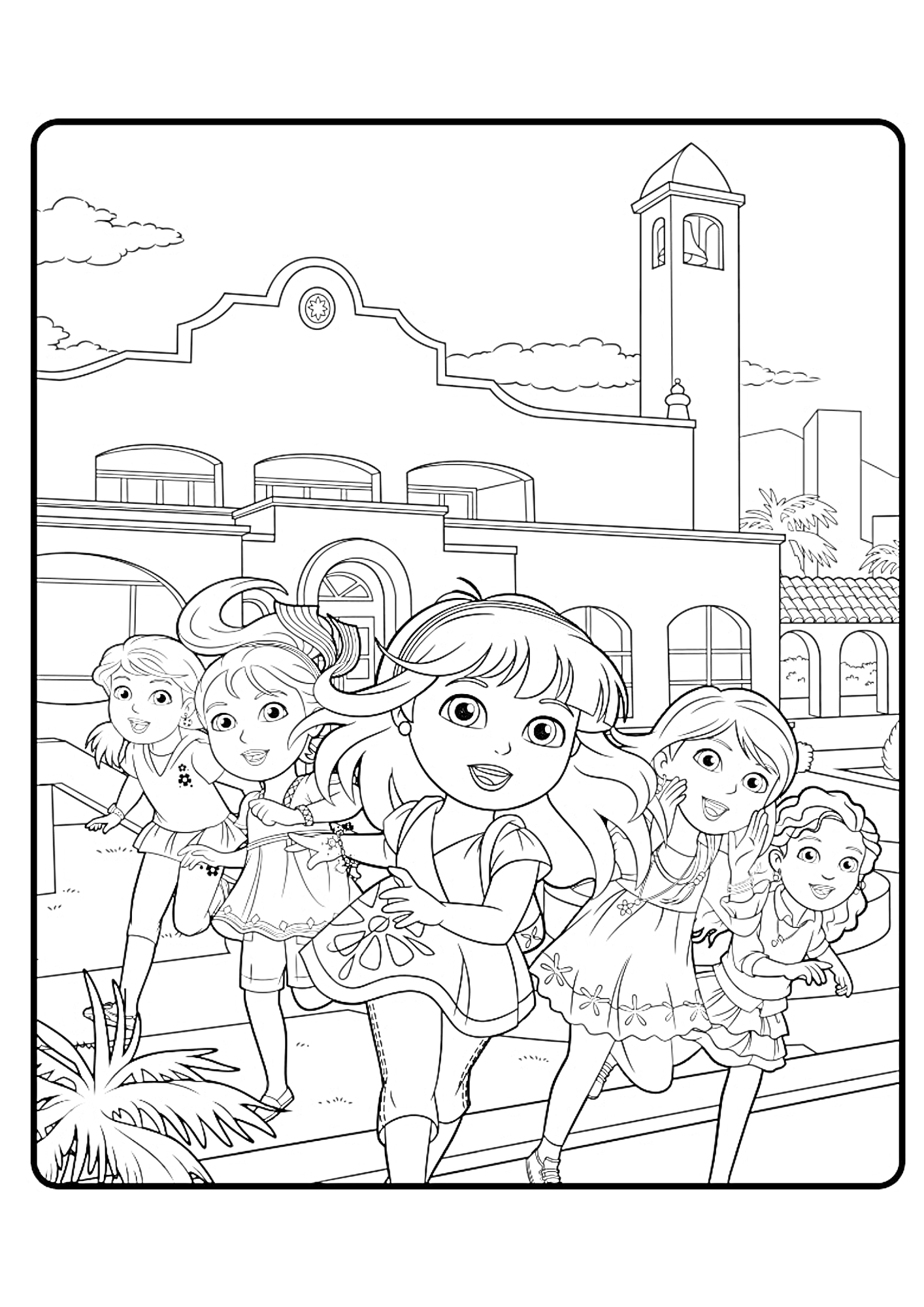 Раскраска Даша и друзья на фоне школы с башней и часами