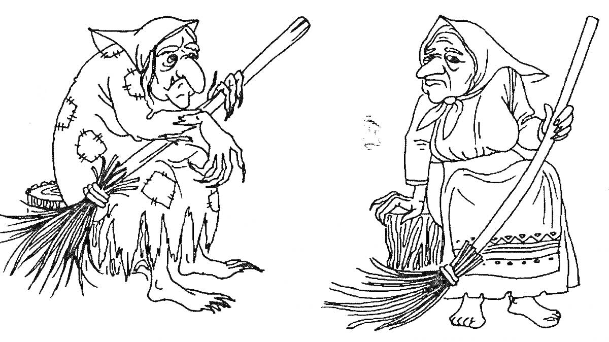 Раскраска Две Бабы Яги с метлами и корзинами