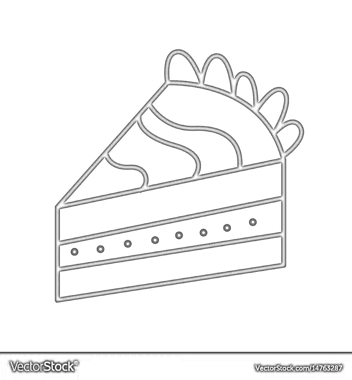 На раскраске изображено: Кусок торта, Крем, Узоры, Ягоды, Кондитерские изделия, Еда
