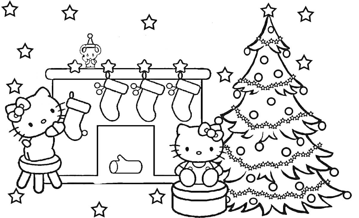 На раскраске изображено: Новый год, Камин, Носки, Звезды, Украшения, Зима