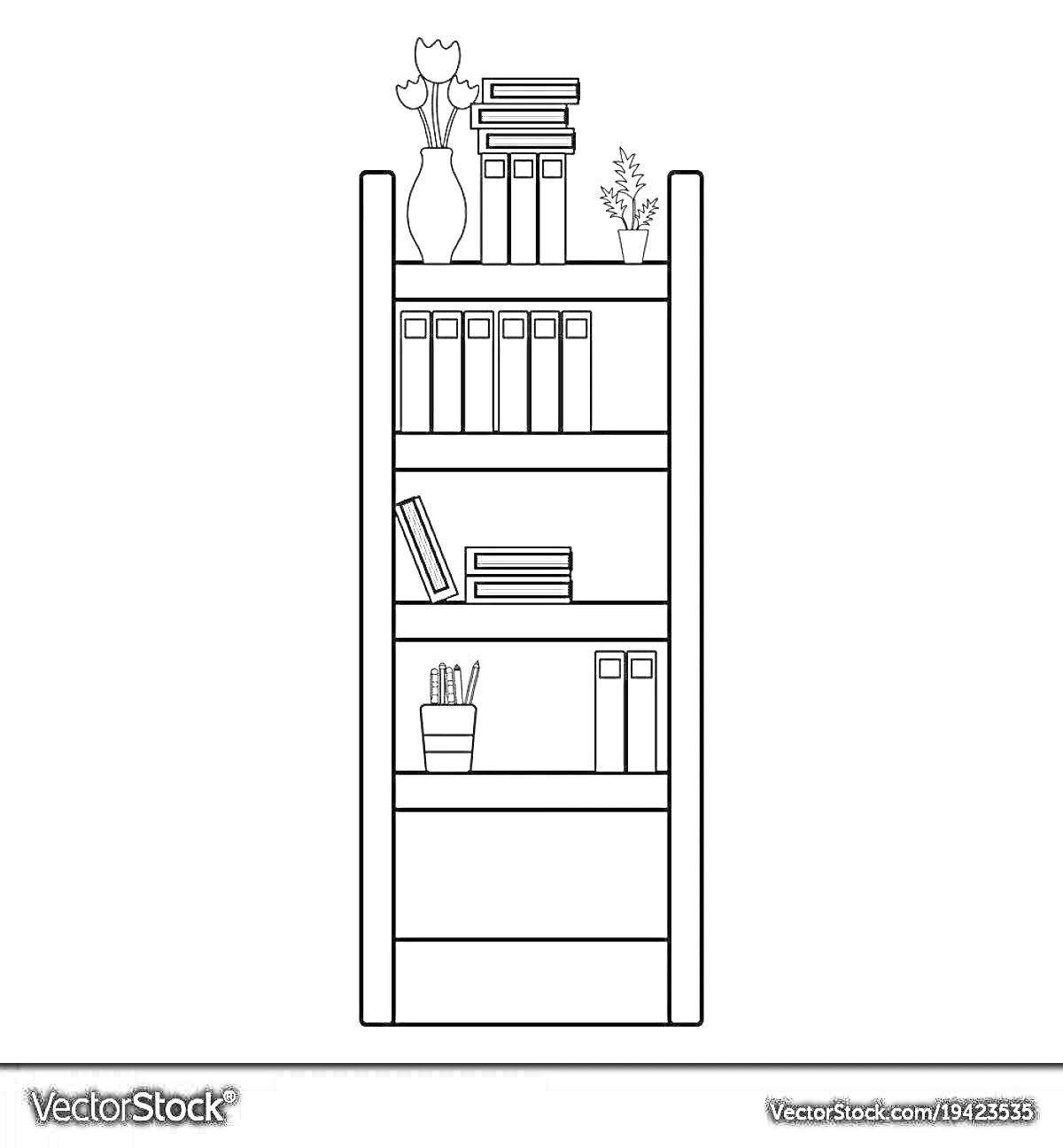 Раскраска Полка с книгами, вазой, растением и канцелярскими принадлежностями